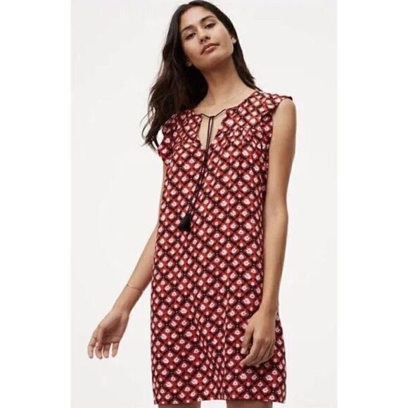 LOFT Amaryllis Tassel Floral Print Red Black Dress Sz XS - Picture 1 of 8